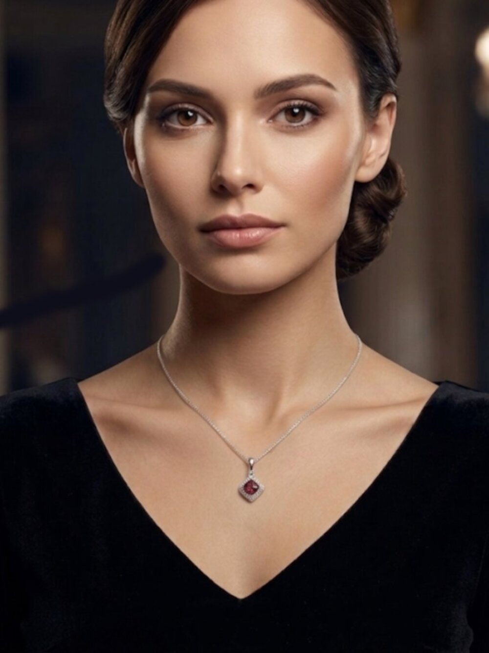 NWOT 10K Solid White Gold Garnet & Diamond Necklace